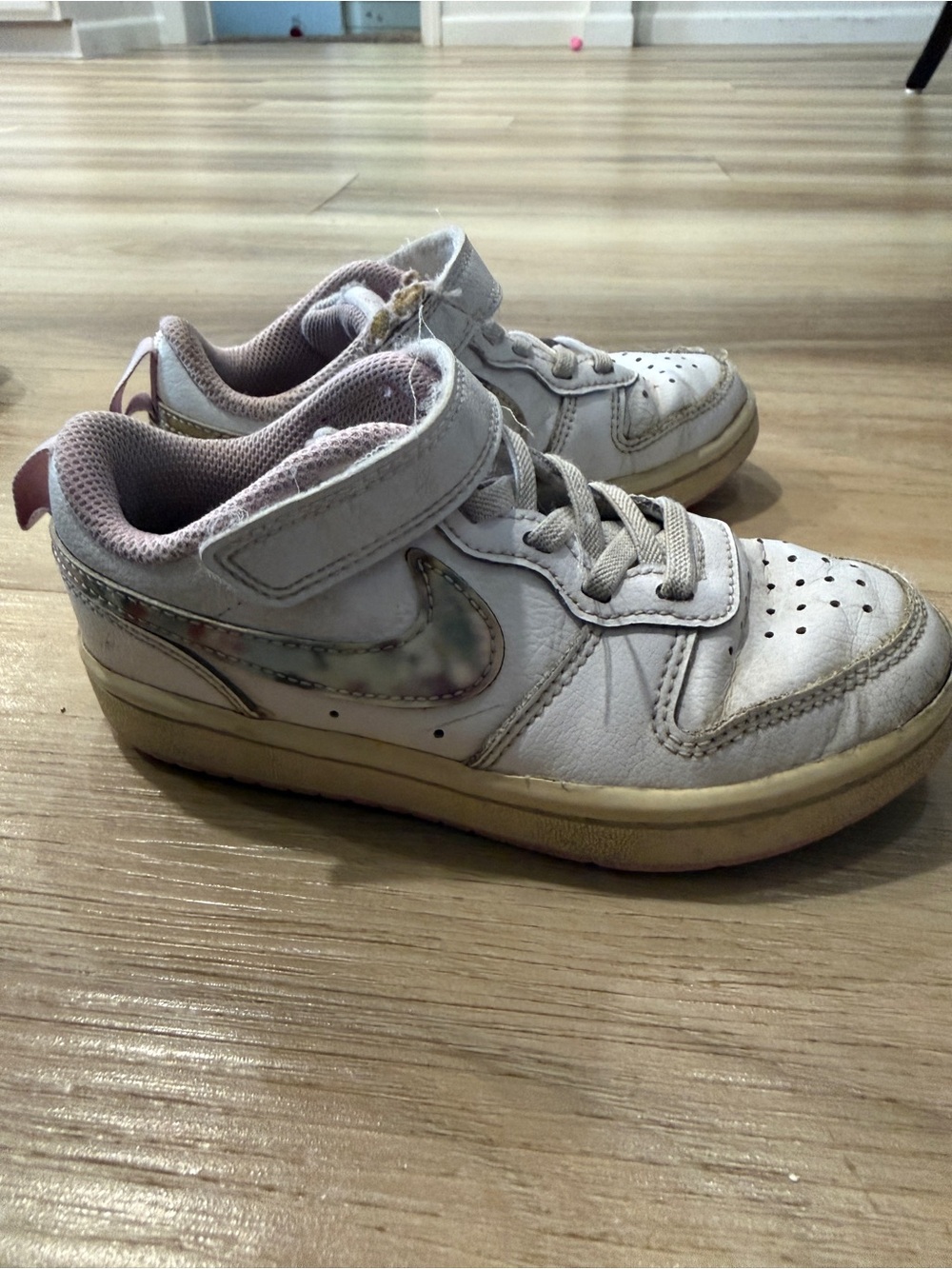 Nike Kids White Sneakers with Pink Liner and Iridescent Swoosh